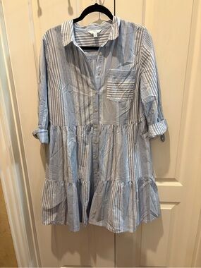 Time and Tru Blue and White Striped Long Sleeve Button-Front Dress